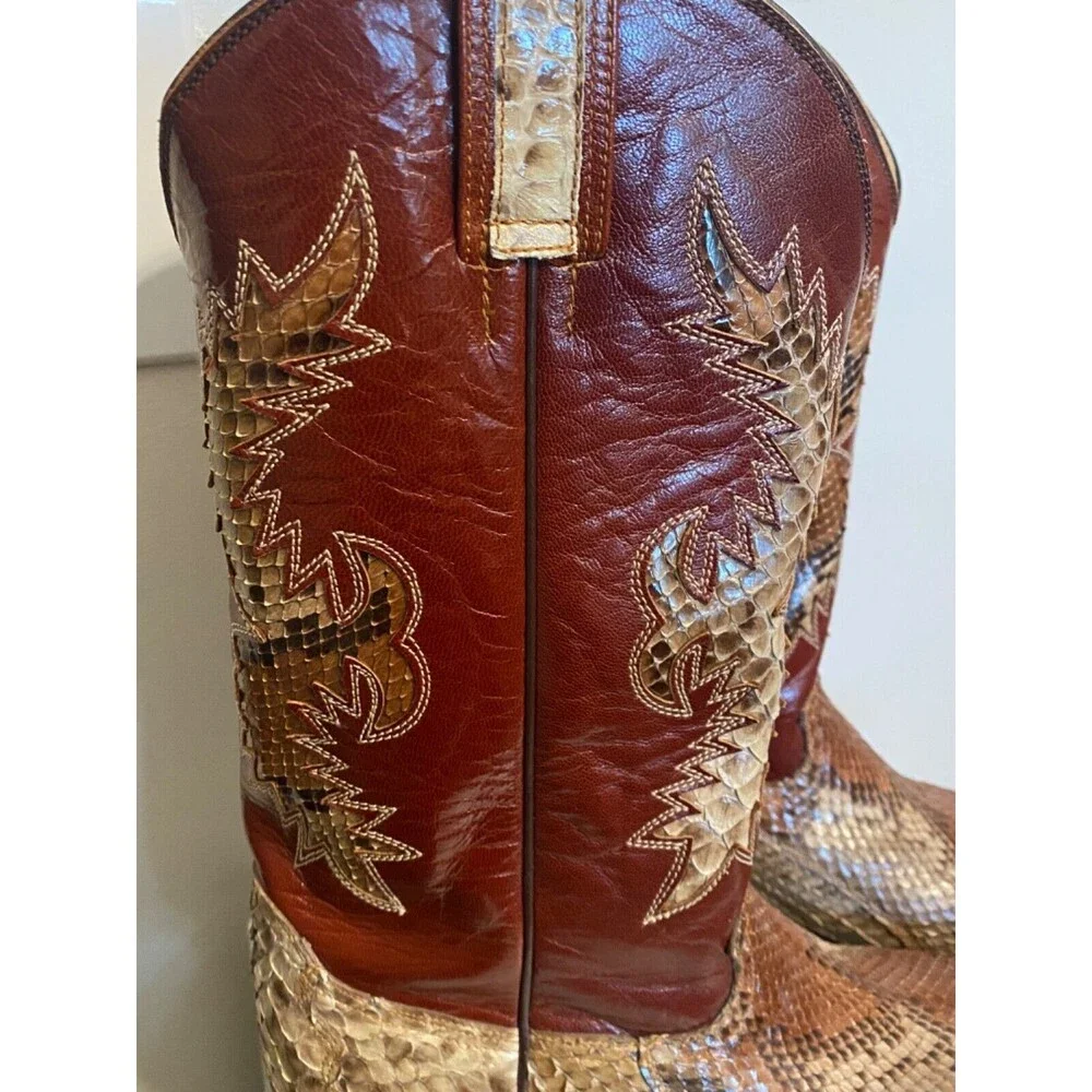 CORDONES Men's Cowboy Boots Size 9.5 Genuine SNAKE SKIN Red Brown Leather SPAIN
